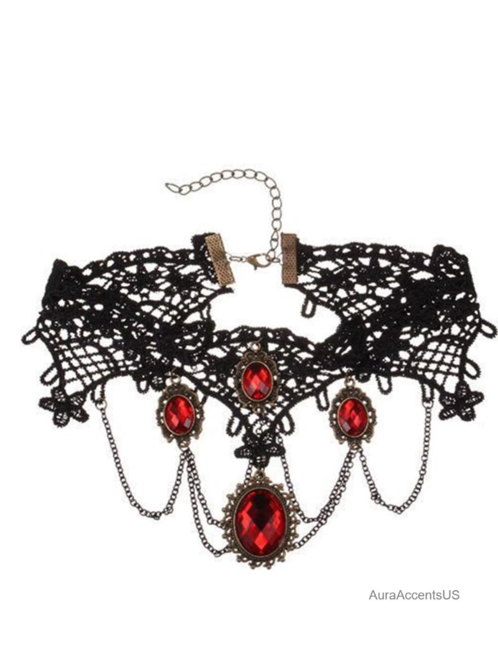 Lace Choker Necklace Ruby Crystal Bow Tie Adjustable Gothic Halloween Jewelry